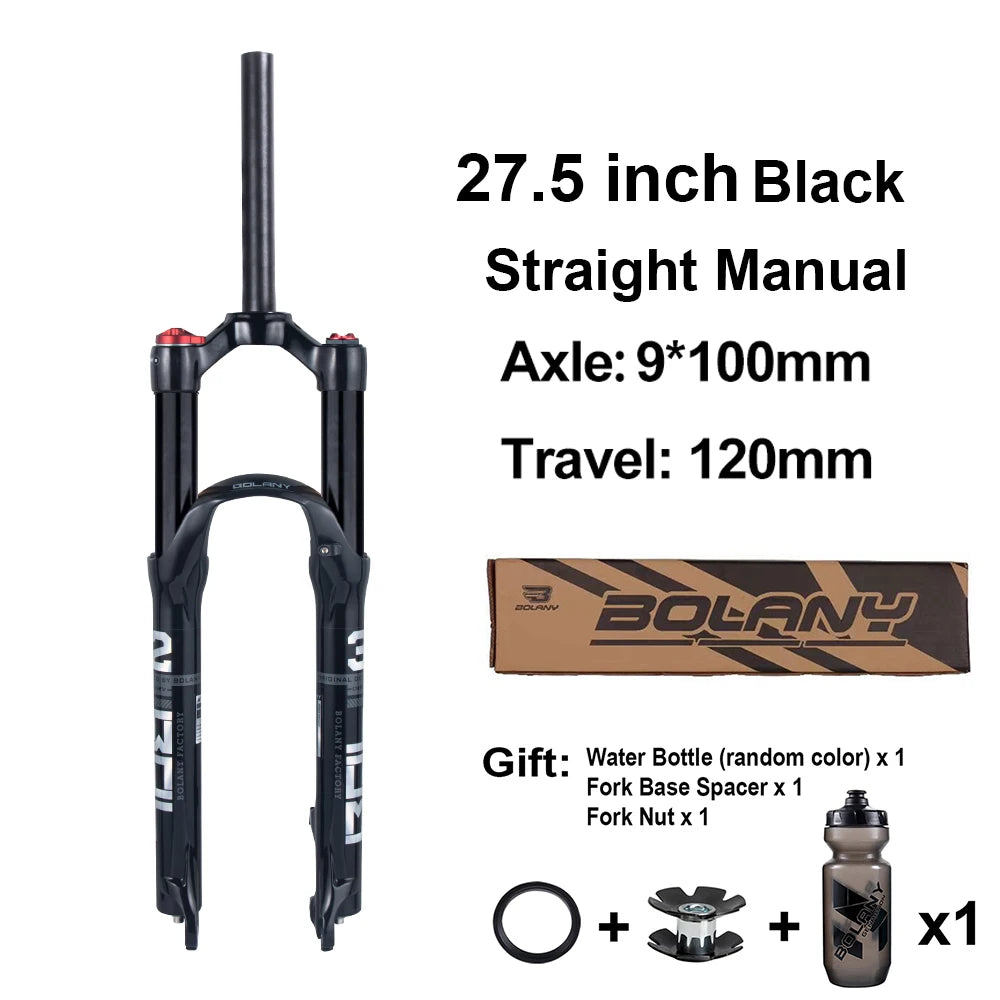 BOLANY MTB Air & Oil Suspension Fork 120mm Travel 26/27.5/29’’ Quick Release Front Fork Remote Adjust - 27 Straight