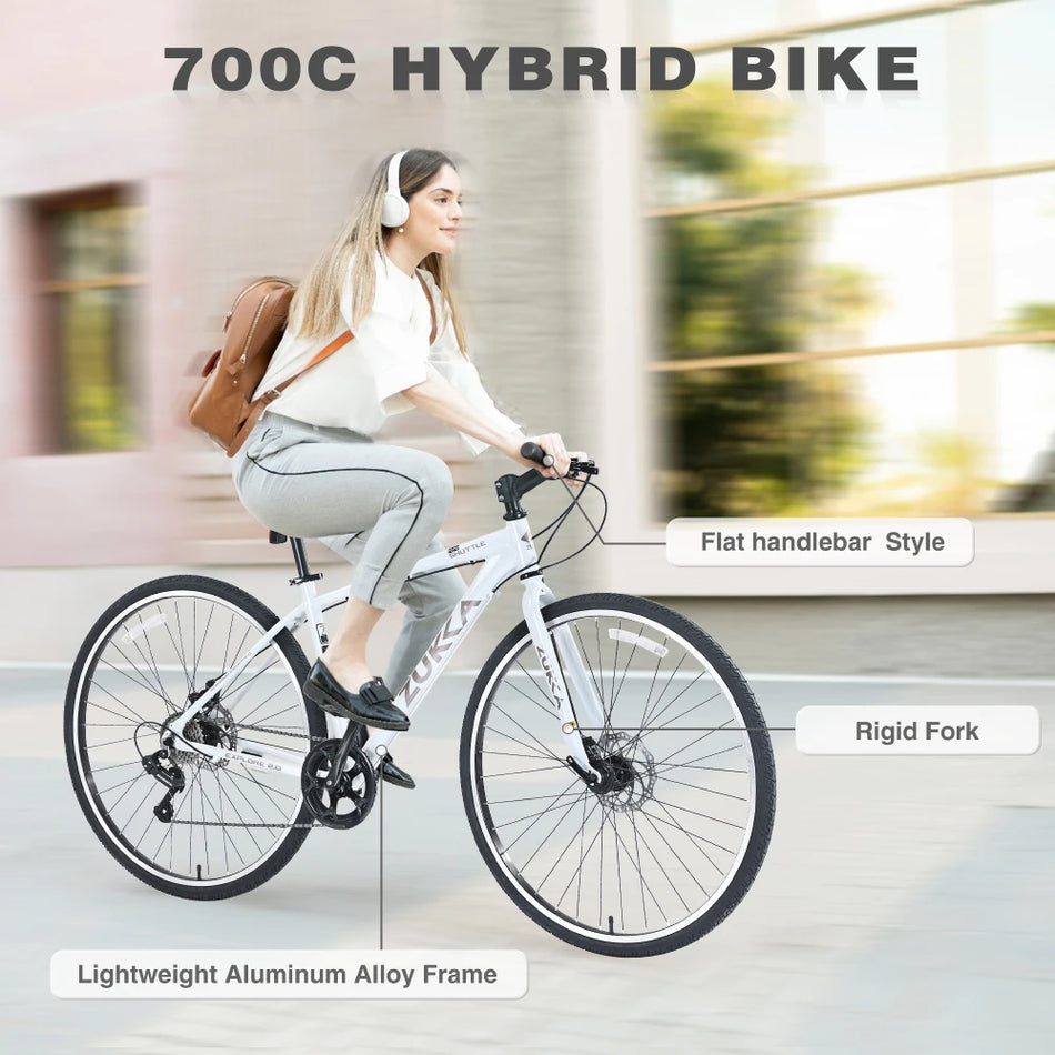 ZUKKA Shimano 7 Speed Hybrid Bike Aluminum Alloy Frame Double Disc Brakes 700C Road Bike For men women's City Bicycle
