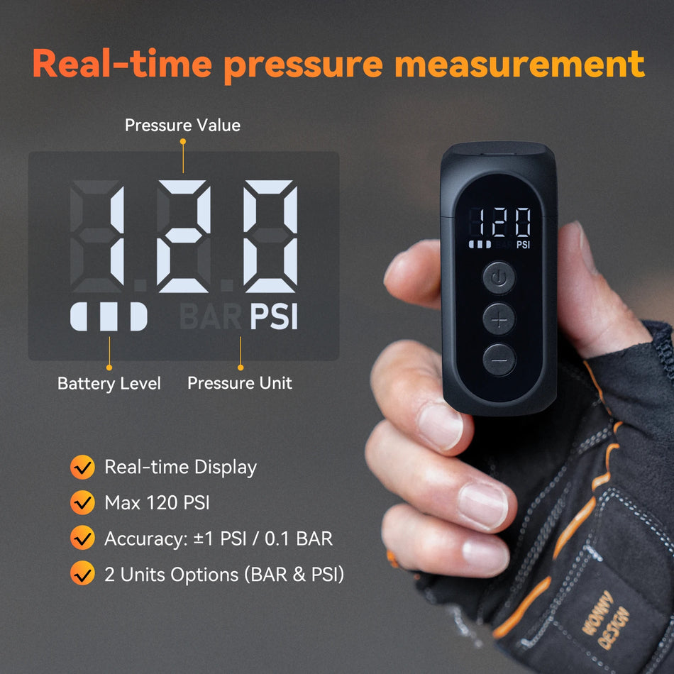 Anoutway AT1 Pro Mini Electric pump for Bike Cordless Tire Inflator with Screen 25 Mins Fast Charging 120PSI Max 450mAh Battery