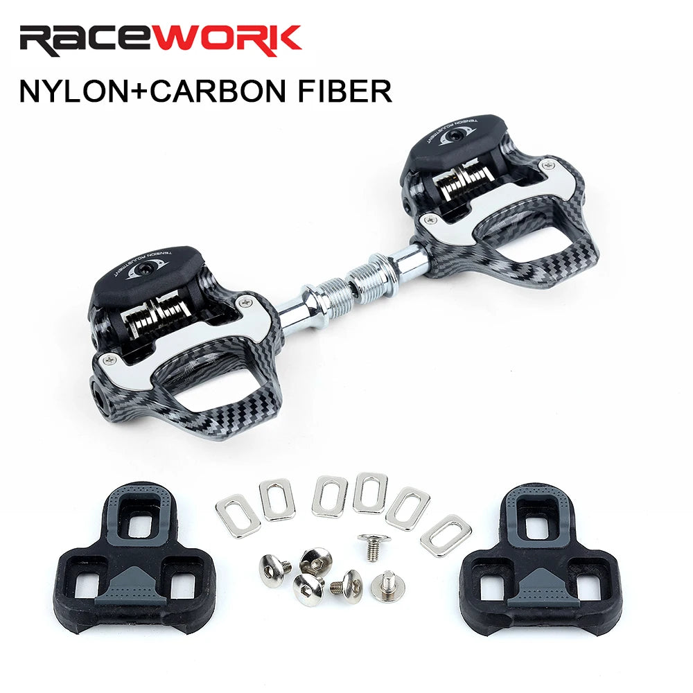 RACEWORK Road Bike Pedal Carbon Fiber Pattern Ultra Light Bearings Pedal For SPD Keo Self-Locking Bicycle Professional Pedals