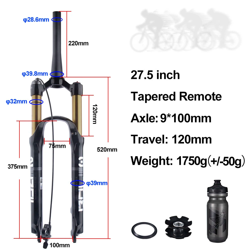 BOLANY MTB Air & Oil Suspension Fork 120mm Travel 26/27.5/29’’ Quick Release Front Fork Remote Adjust - 27 Tapered