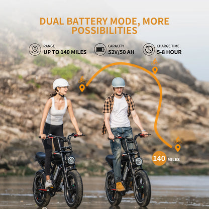 AMYET S6 Electric Bike for Adults Dual Moter Peak 3000W,52V 50AH Removable Dual Battery,140 Miles,32MPH Electric Motorcycle Bike