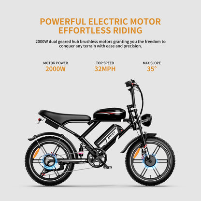 AMYET S6 Electric Bike for Adults Dual Moter Peak 3000W,52V 50AH Removable Dual Battery,140 Miles,32MPH Electric Motorcycle Bike