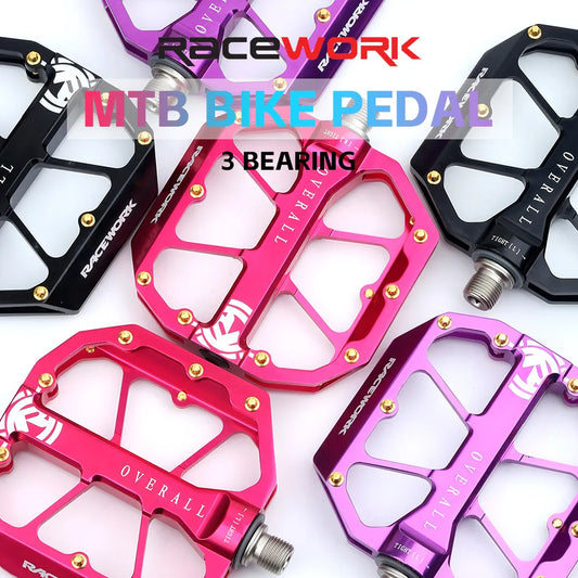 RACEWORK Mountain Bike Pedal 3 Bearing Aluminium Alloy CNC Non-Slip Flat Feet MTB BMX Road Bicycle Pedals