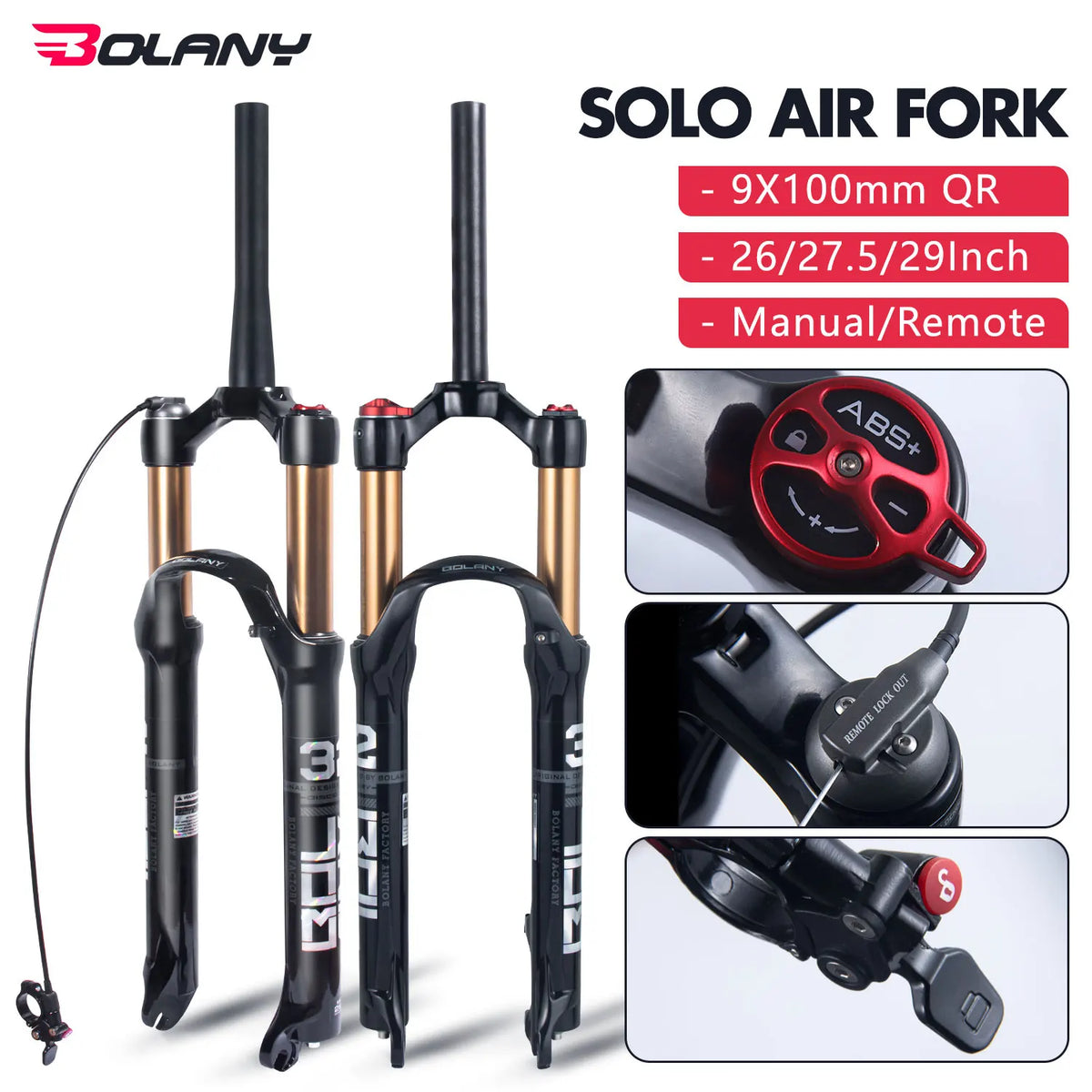BOLANY MTB Air & Oil Suspension Fork 120mm Travel 26/27.5/29’’ Quick Release Front Fork Remote Adjust - Suspension Forks