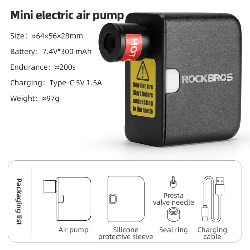 ROCKBROS Mini Electric 100PSI Rechargeable  Portable Air Pump