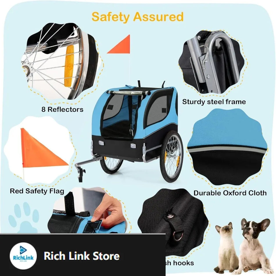 Dog Bike Trailer for Bicycle Cargo Cycle Wagon Pet Carrier with 3 Doors Quick Release Harness Aluminum Frame Blue Pet Bike Trailer