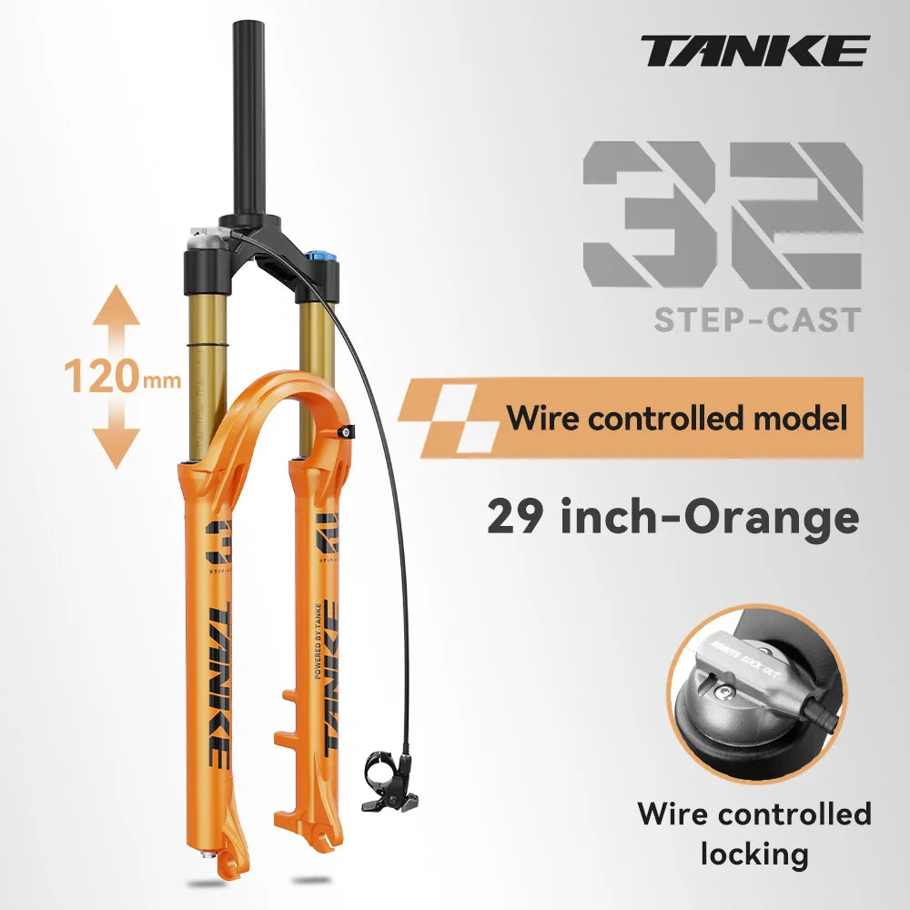 TANKE MTB Air Suspension Fork 120mm – Rebound Adjustable Quick Release - 29 Orange Remote - Suspension Fork
