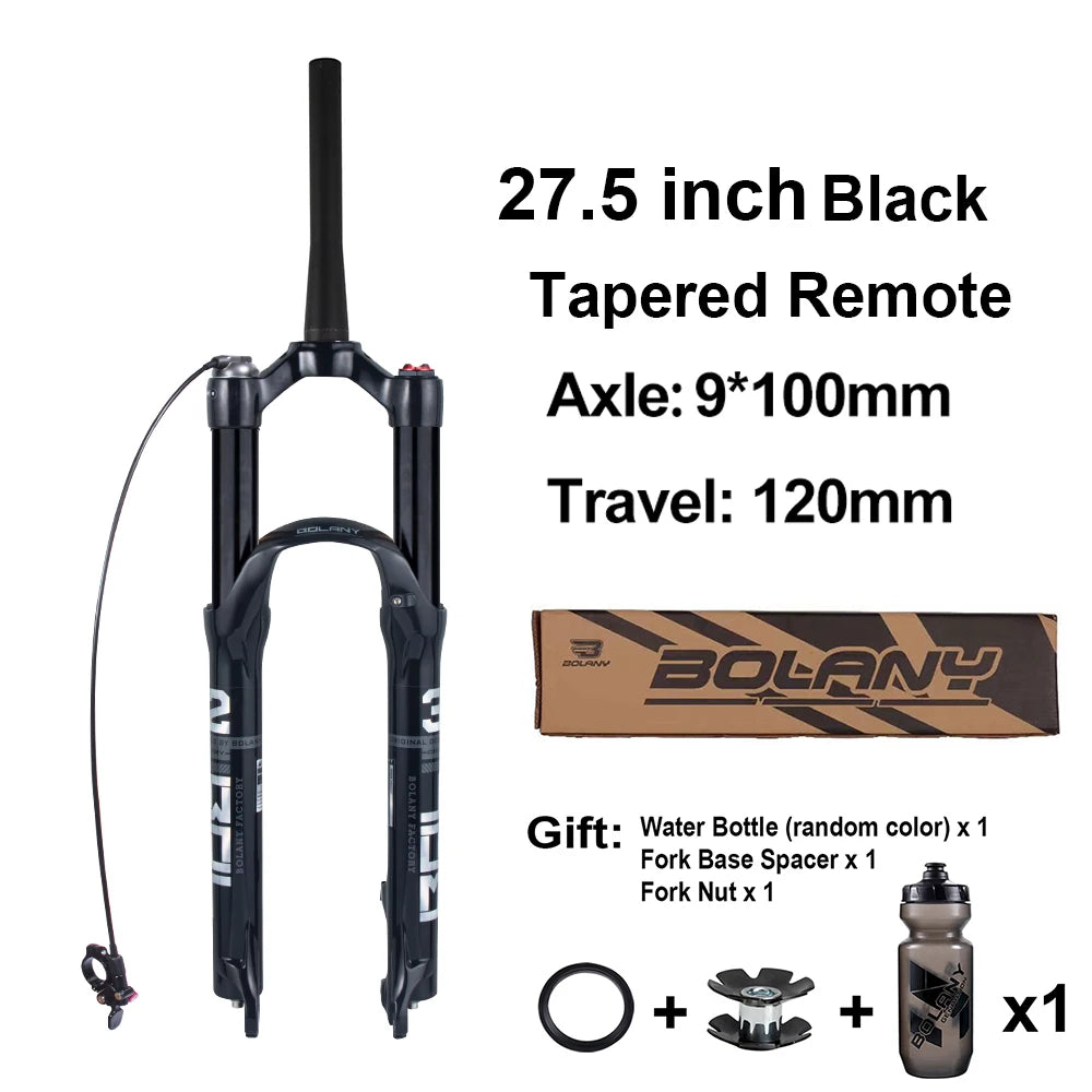 BOLANY MTB Air & Oil Suspension Fork 120mm Travel 26/27.5/29’’ Quick Release Front Fork Remote Adjust - 27 Tapered