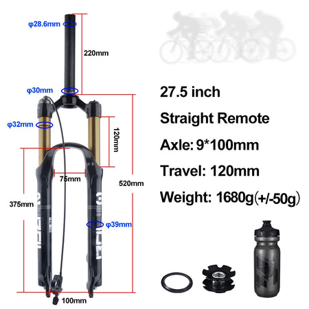 BOLANY MTB Air & Oil Suspension Fork 120mm Travel 26/27.5/29’’ Quick Release Front Fork Remote Adjust - 27 Straight