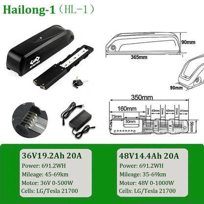 UNITPACKPOWER 21700 DownTube Ebike Battery Hailong 36V 48V 52V 14.4Ah 19.2Ah 28.8Ah L-G Te-sla Pack for 1500W 1000W 750W 500W  350W 250W Motor