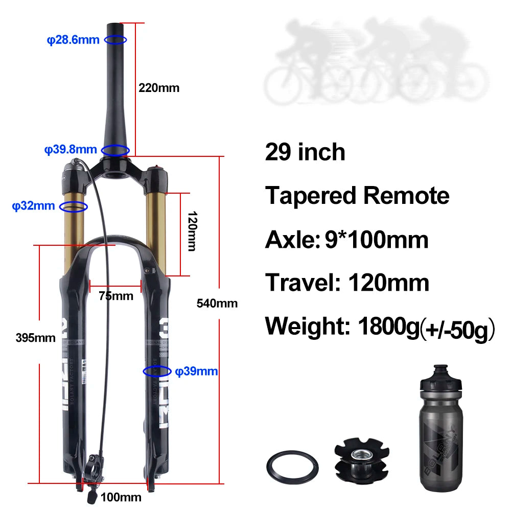 BOLANY MTB Air & Oil Suspension Fork 120mm Travel 26/27.5/29’’ Quick Release Front Fork Remote Adjust - 29 Tapered