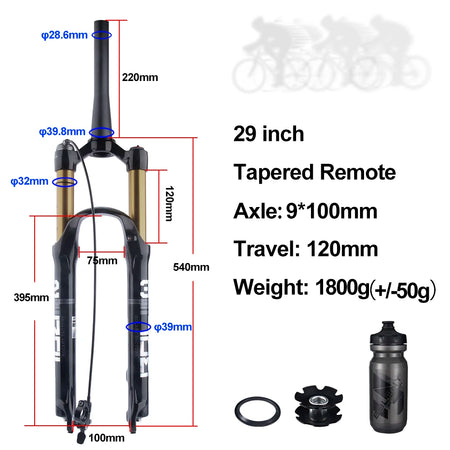 BOLANY MTB Air & Oil Suspension Fork 120mm Travel 26/27.5/29’’ Quick Release Front Fork Remote Adjust - 29 Tapered