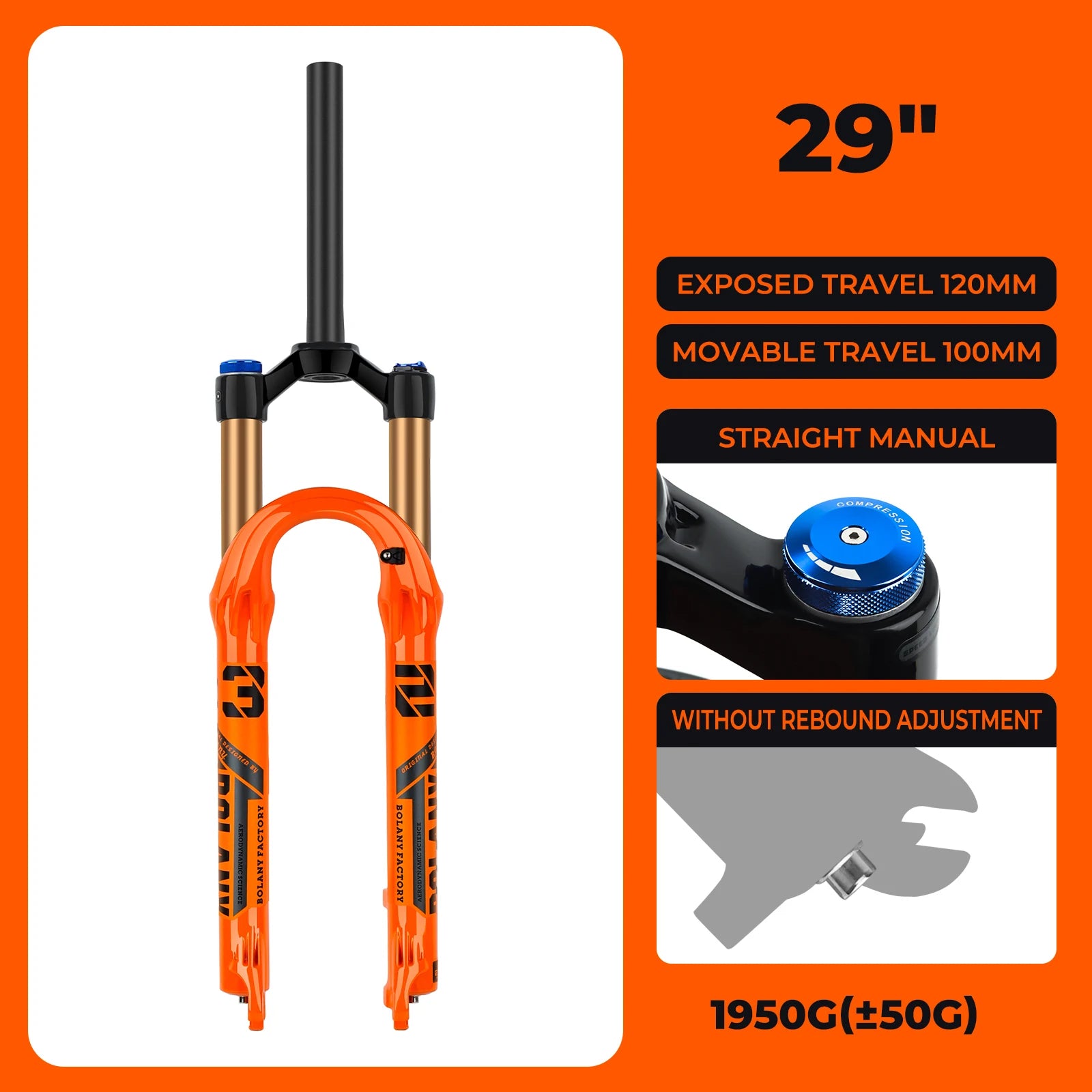 BOLANY MTB Air Suspension Fork 120mm Travel 27.5/29’’ Lightweight Magnesium Alloy Quick Release Front Fork - 29 Manual