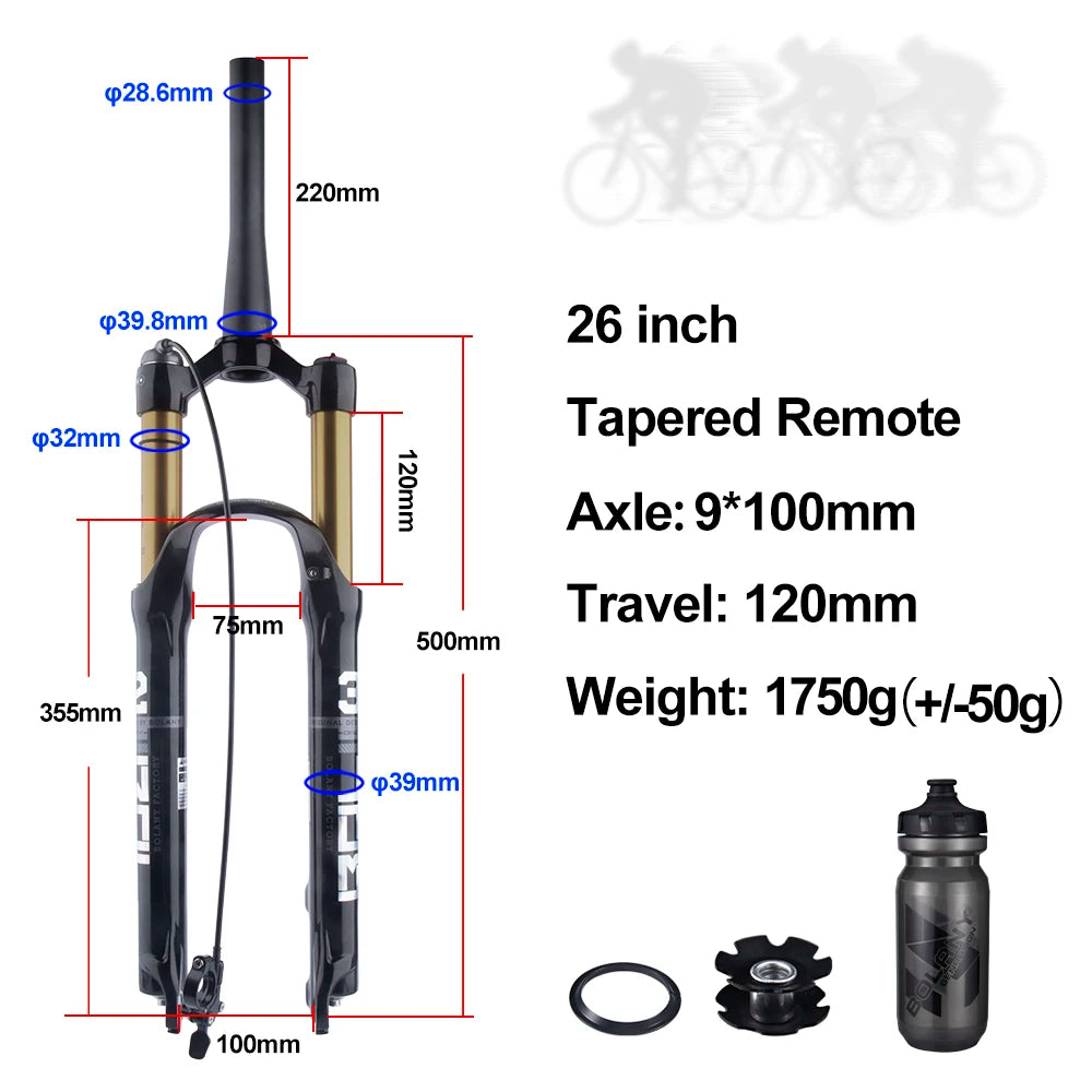 BOLANY MTB Air & Oil Suspension Fork 120mm Travel 26/27.5/29’’ Quick Release Front Fork Remote Adjust - 26 Tapered