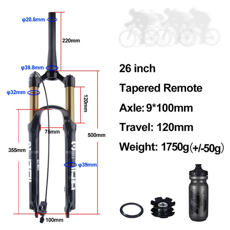 BOLANY MTB Air & Oil Suspension Fork 120mm Travel 26/27.5/29’’ Quick Release Front Fork Remote Adjust - 26 Tapered
