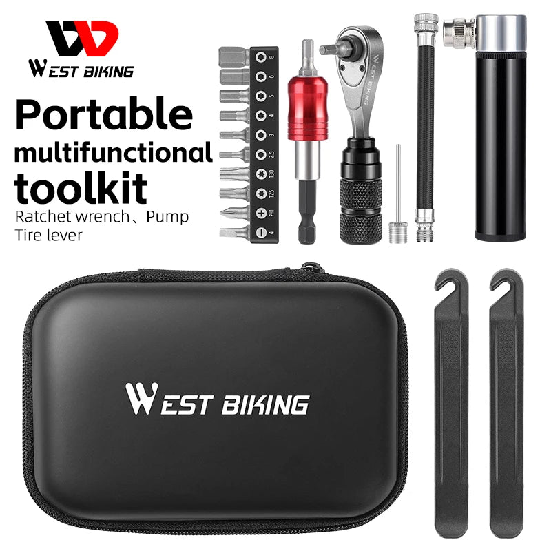 WEST BIKING Professional Portable Ratchet Wrench kit Tire Lever Mini Pump