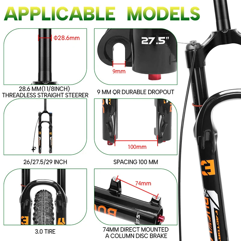 BUCKLOS MTB Air Suspension Fork 140mm Travel 26/27.5/29’’ Front Fork 34mm Tube 9x100mm Quick Release