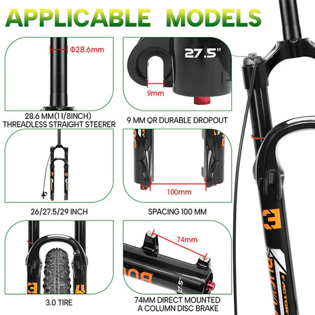 BUCKLOS MTB Air Suspension Fork 140mm Travel 26/27.5/29’’ Front Fork 34mm Tube 9x100mm Quick Release