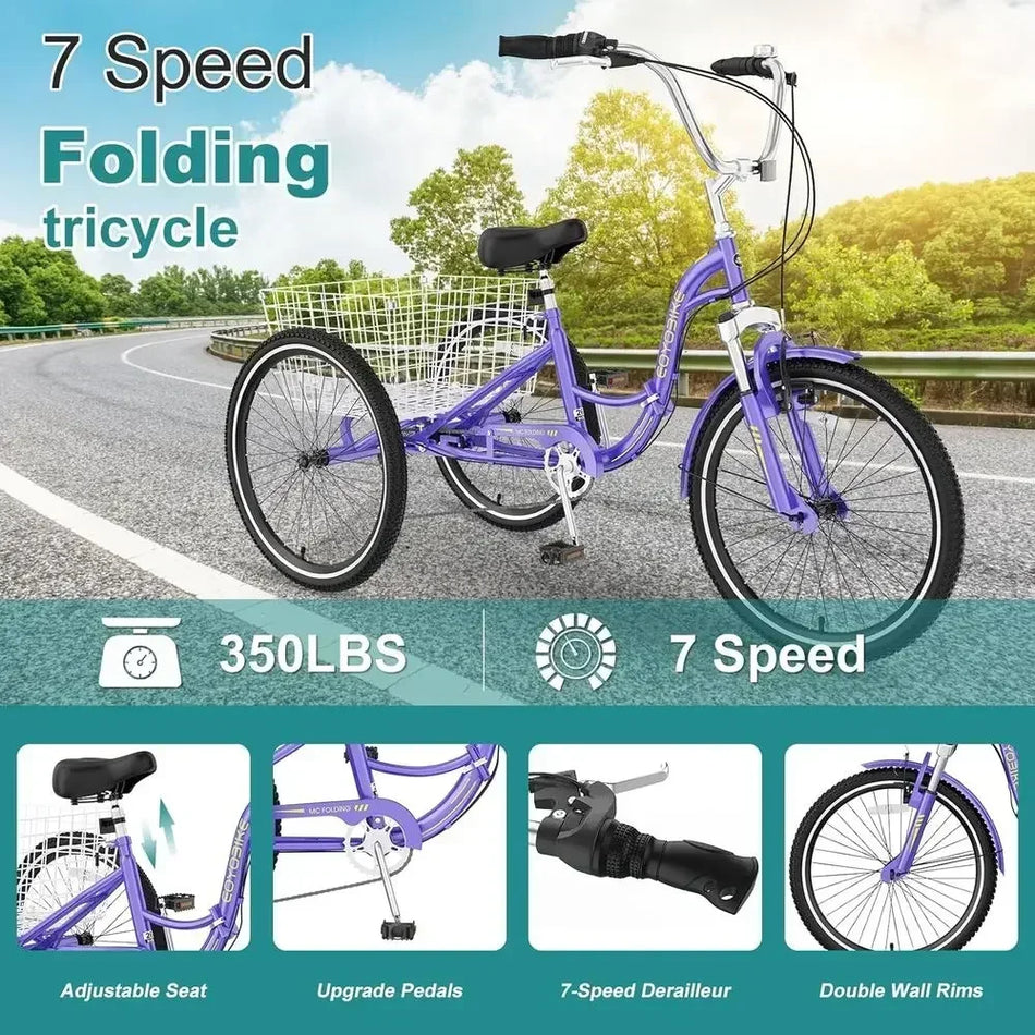 20"/24"/26" Adult Folding 7-Speed Step-Through Tricycle with Basket