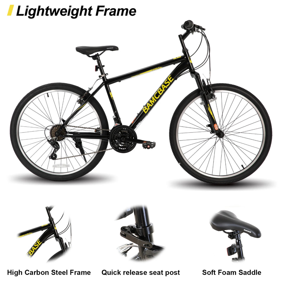 Hiland BANCBASE  26/27.5 Inch Mountain Bike, Mens Womens MTB with 21 Speeds, High-Tensile Steel Frame, V Brake, Hardtail Bicycle for Adult