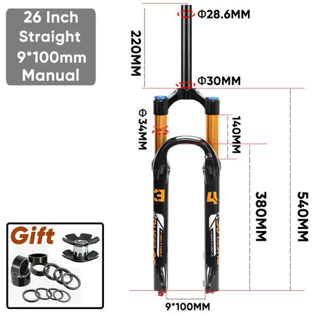 BUCKLOS MTB Air Suspension Fork 140mm Travel 26/27.5/29’’ Front Fork 34mm Tube 9x100mm Quick Release