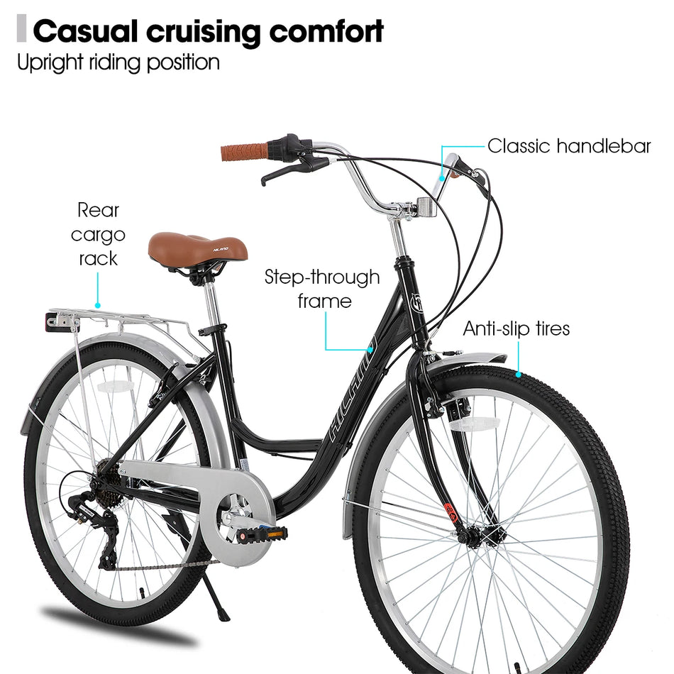 HILAND 26 inch Beach Cruiser Bike for Adults, 7 Speed Step-Through Frame Womens Bicycle with Rear Rack, Retrospec Bike