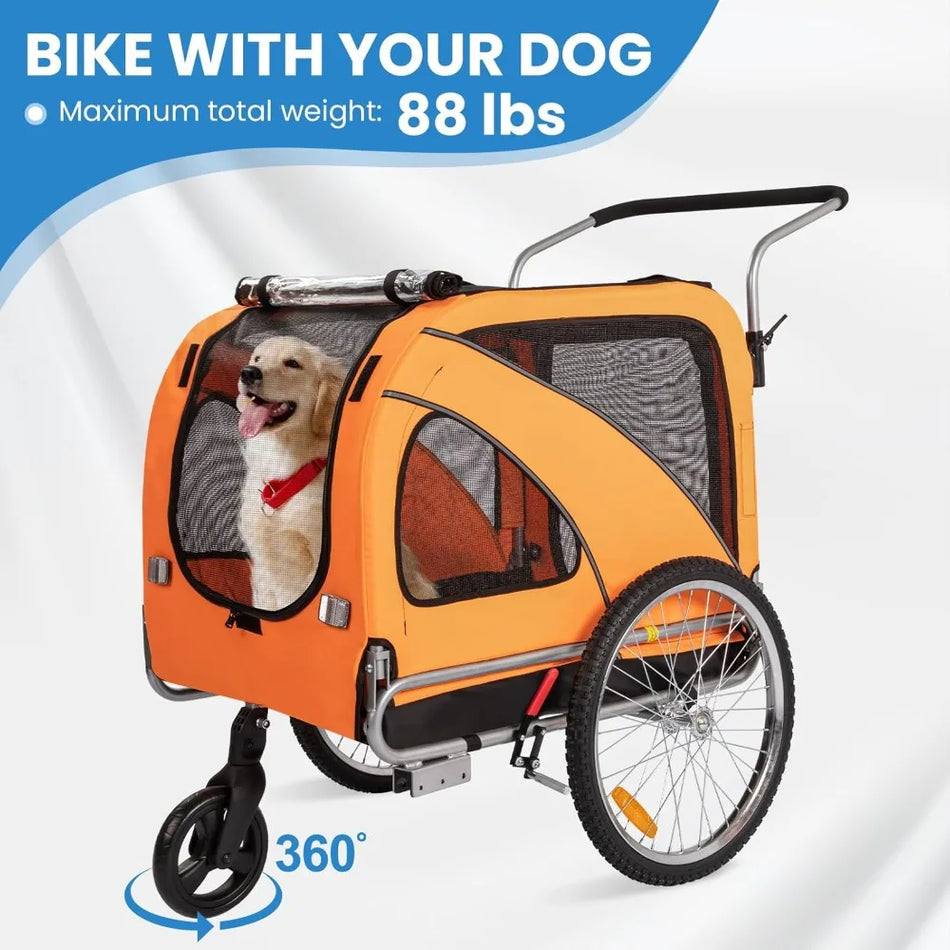 Pet Bicycle Trailer 2-in-1 with 6' Stroller Wheel Easy Folding Carrier for Small to Medium Dogs up to 66/88 LBS Orange Alloy Steel