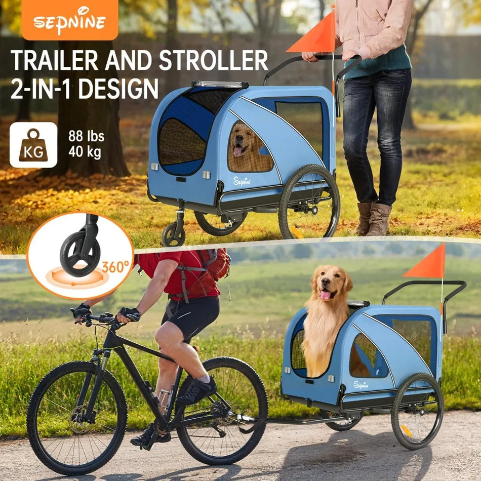 Sepnine 2-in-1 Pet Stroller Bike Trailer Dog Carrier Quick Release Easy Folding Frame Supports up to 88 Lbs Blue Aluminum