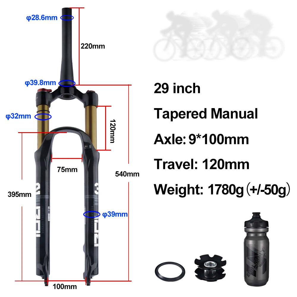 BOLANY MTB Air & Oil Suspension Fork 120mm Travel 26/27.5/29’’ Quick Release Front Fork Remote Adjust - 29 Tapered