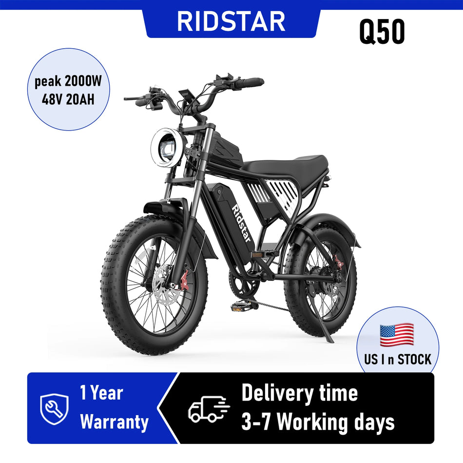 RIDSTAR Q50 2000W Electric Mountain Bike – 48V 20Ah Battery, Hydraulic Brakes & 34 MPH