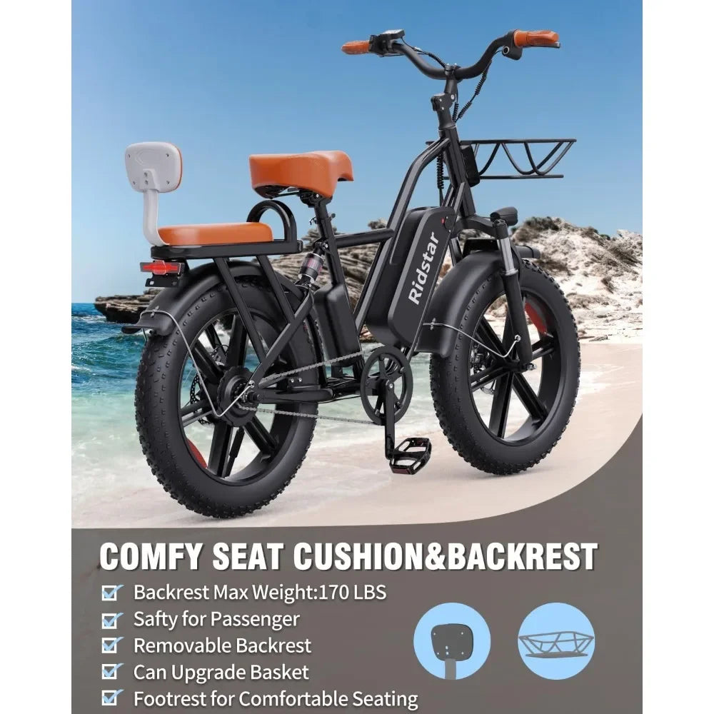 Ridstar 2-Seater Electric Bike for Adults 1500W 30mph 30-70 Miles 48V 15Ah Removable Battery Fat Tire Beach Ebike 20"x4.0