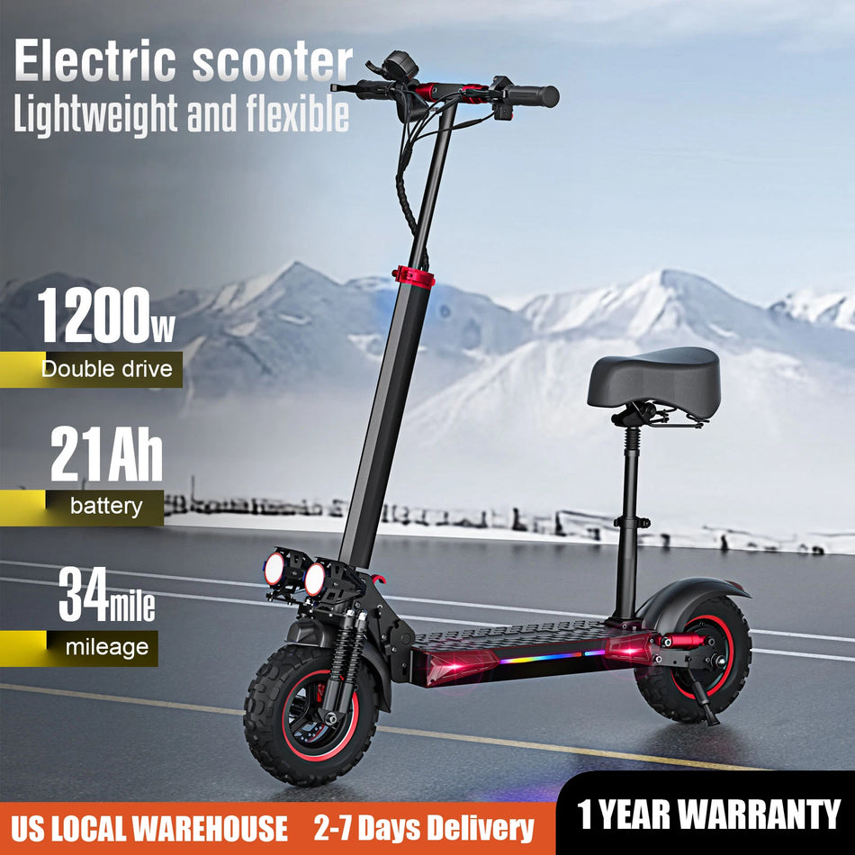 FREEBOY 1200W Electric Scooter for Adults with Seat 11'' Off-Road Tires 48V 21Ah Battery 37Miles Range Folding E-Scooter Unisex
