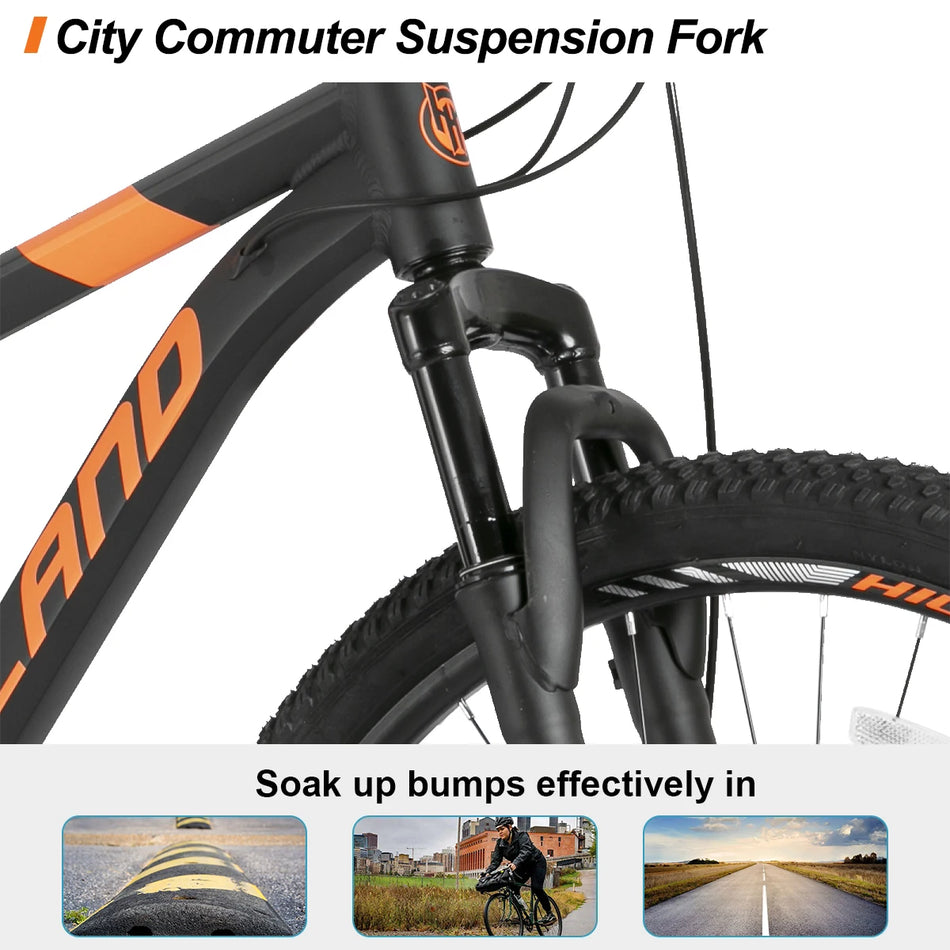 HILAND 29 inch mountain bike with a 21 speed aluminum frame, Shimano gearbox, disc brake, suspension fork，black/blue