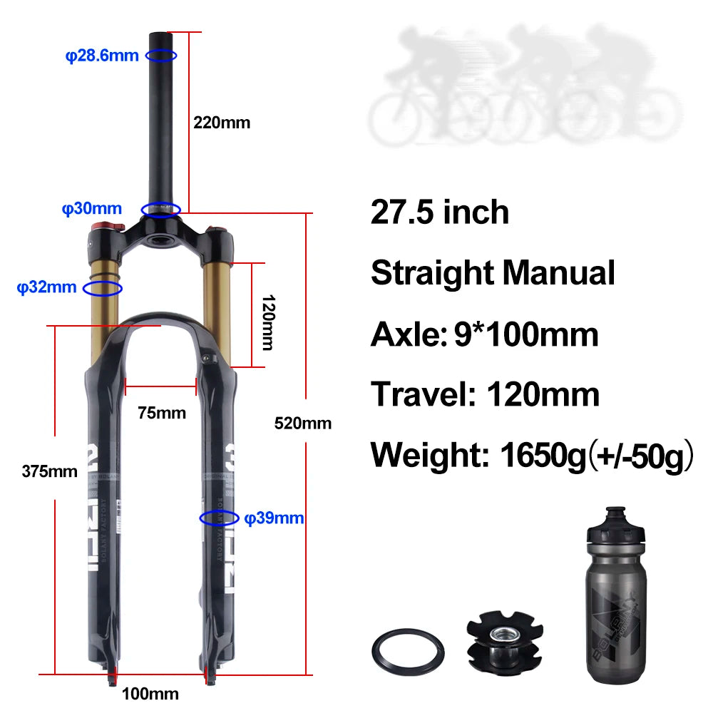 BOLANY MTB Air & Oil Suspension Fork 120mm Travel 26/27.5/29’’ Quick Release Front Fork Remote Adjust - 27 Straight