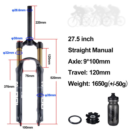 BOLANY MTB Air & Oil Suspension Fork 120mm Travel 26/27.5/29’’ Quick Release Front Fork Remote Adjust - 27 Straight