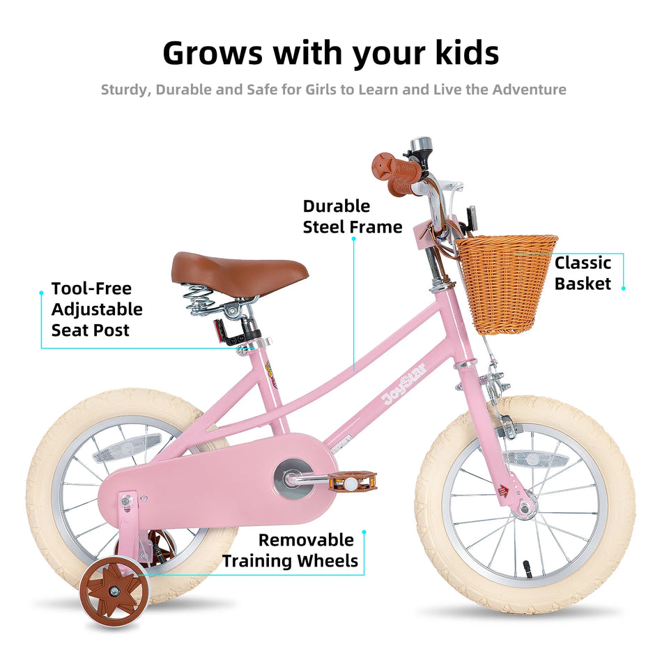 JOYSTAR Retro Girls Bike for 2-12 Toddlers & Kids, 12" 14" 16" 20" with Training Wheels, Basket & Kickstand, Retro Style