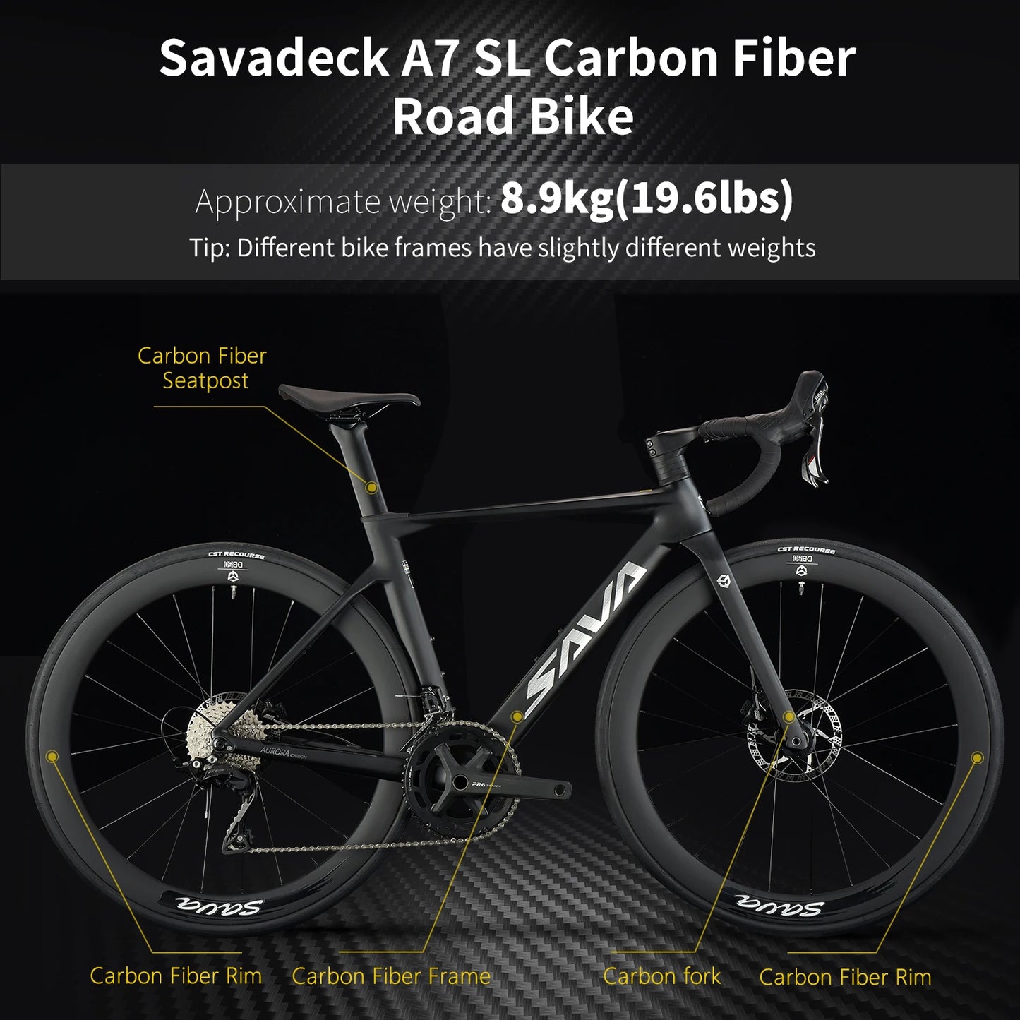 SAVA 2024 Aurora Carbon NEW -A7L Carbon Road Bike, Adult Racing Bike, Equipped With Shimano R7100, 24-Speed Mechanical Disc Brakes