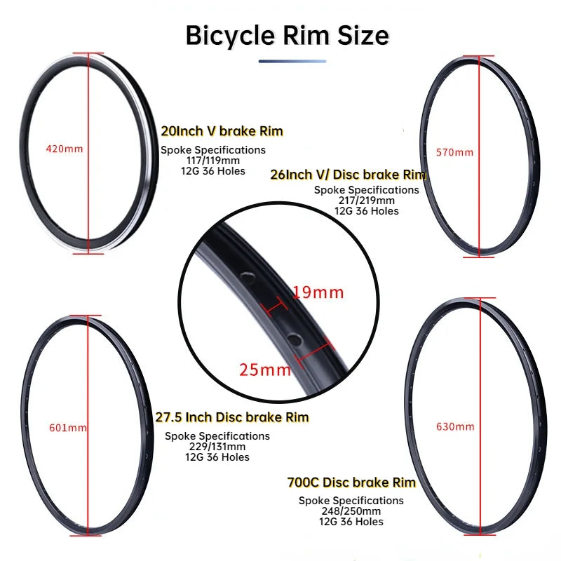 Black Bicycle Rim 20" 26" 27.5" 700C Rim 36 Holes Thickened Double Layer Aluminum Alloy Bicycle Rim Disc/V Brake Bike Rims