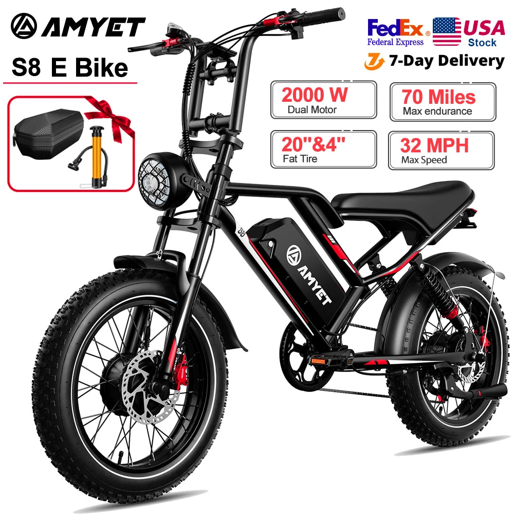 AMYET S8 Adults Electric Bike For Men 2000W Dual Motor Bicycle 48V 25AH Battery 20" Ebike Electric E Bikes Mountain Moped Ebikes