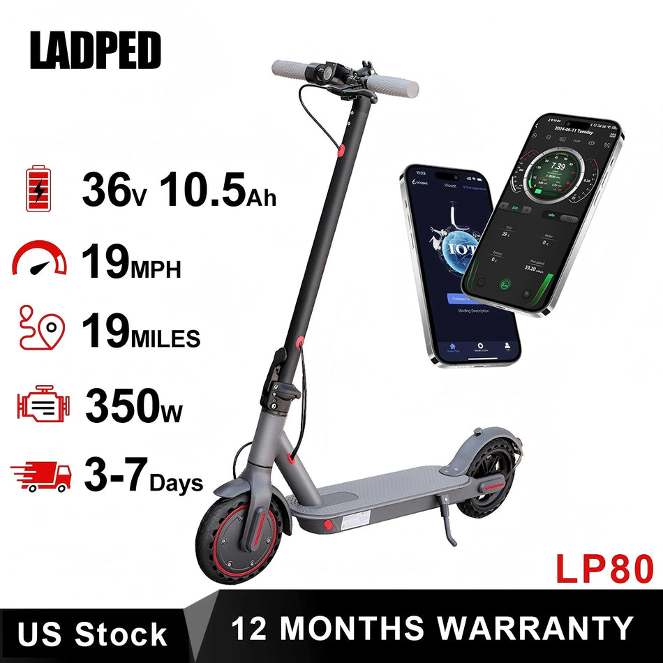 LADPED 350W Electric Scooter 19mph APP Controlled Smart Folding Scooter with Shock-Absorbing Anti-Skid 8.5 Inch Tires Waterproof