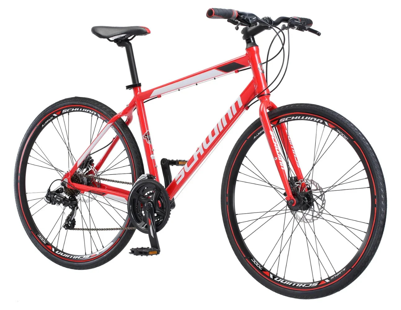 Schwinn Kempo Hybrid Bike 700c Wheels 21 Speeds Mens Frame Red Hybrid durable enough to handle rough roads Light enough to ride fast