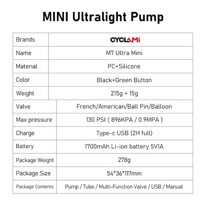 CYCLAMI M7 130Psi High Pressure Bike Air Inflator Mini Portable  Bicycle Electric Inflator Pump