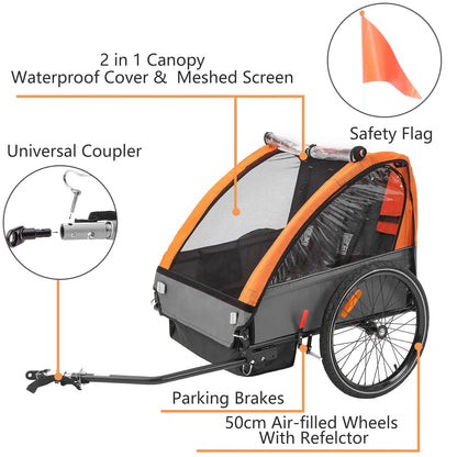 Fiximaster 2 Seats Kid Bicycle Trailer Safty Quick Attach to Bike with 5-Point Harness and Storage Bags Suitable for 2 Kids