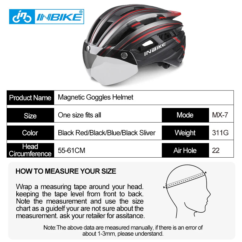 INBIKE Ultralight Men's Bicycle Helmet with Goggles And Taillight for MTB Road Cycling - Adult Integrally-Molded Bike Safety Gear