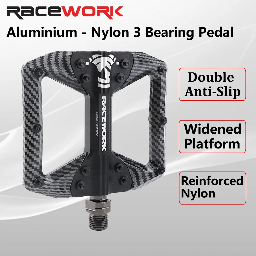 RACEWORK Bicycle Pedals 3 Bearings Mountain Road Bike Carbon Fiber Coating Ultralight Flat Pedal