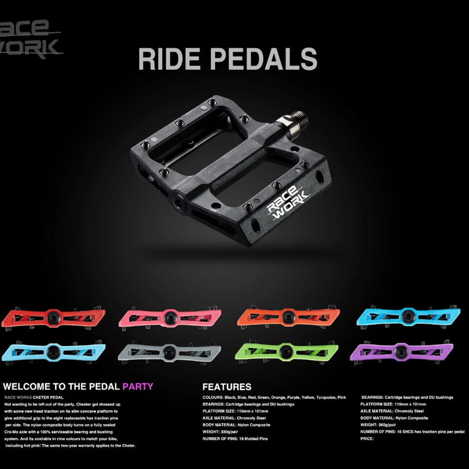RACEWORK Mountain Bike Pedals MTB Bicycle Pedals 9/16" Concise Flat Nyoln Fiber Abrasion And  Resistance Lightweight Pedals