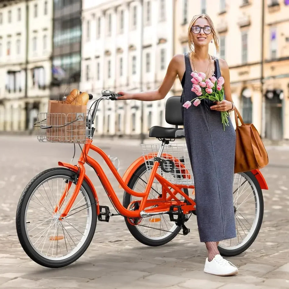 24"/26" Adult Tricycle – 1 or 7-Speed with Backrest & Dual Baskets