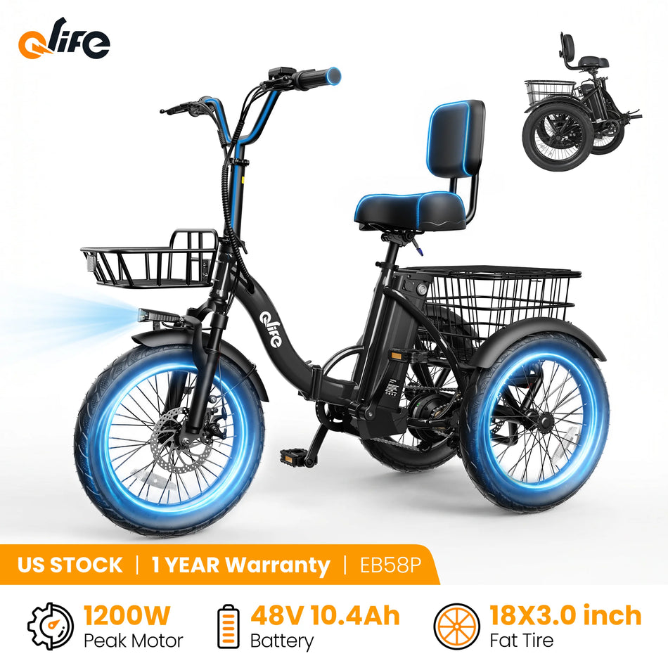 Qlife Triker 2.0 Folding Electric Trike – 1200W Peak, 48V 10.4Ah