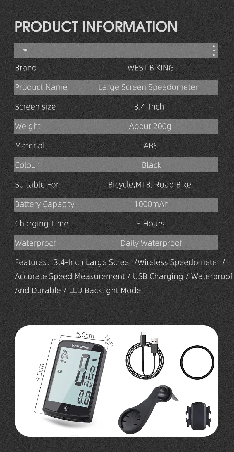 WEST BIKING Wireless Cycling Computer 3.4 Inch Super Large Screen